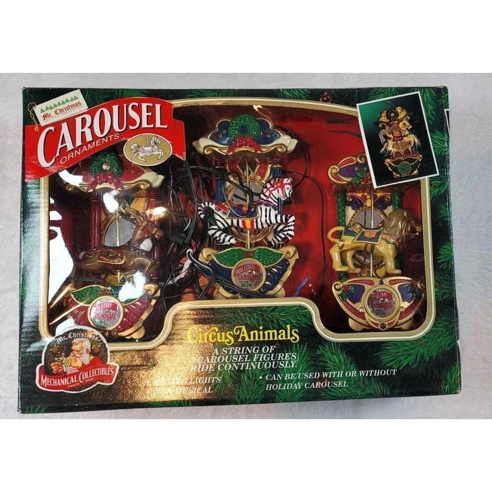 1993 Mr Christmas Carousel Ornaments Circus Animals Zebra Lion Deer NIB